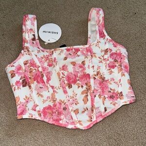 SHEIN Floral Pink and White Crop Top
